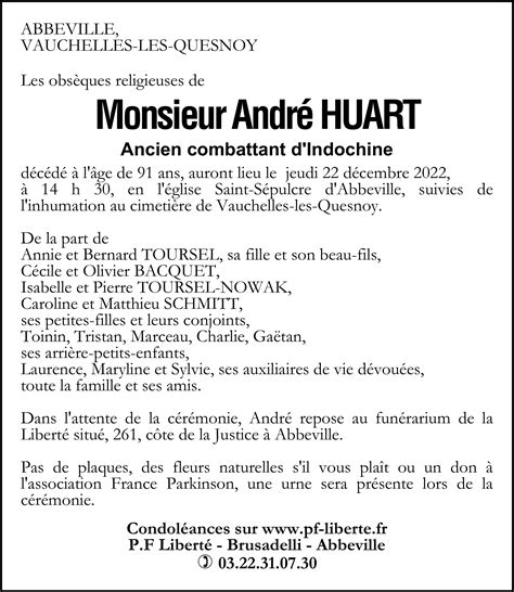 Avis De Décès De André Huart Pompes Funèbres Liberté Brusadelli