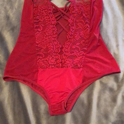 Intimates Sleepwear Sexy Dark Red Lingerie Lacy Mesh Bodysuit