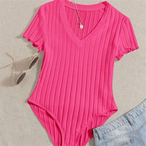 Shein Qutie Lettuce Trim Rib Knit Bright Pink Bodysuit Ribbed Knit