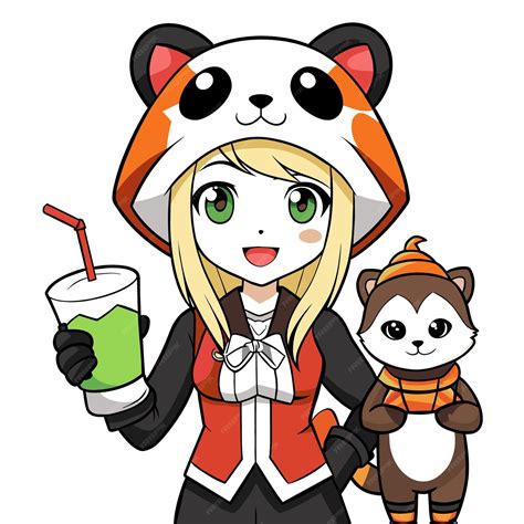 A cartoon of a girl with a panda and a stuffed animal | Premium AI