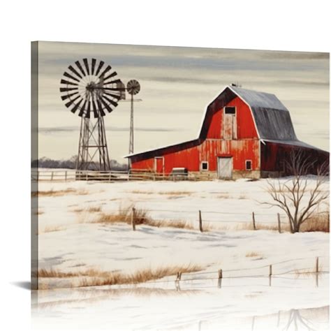 Comio Farmhouse Canvas Wall Art Country Red Old Barn Scenery Prints Picture Kitchen Decor