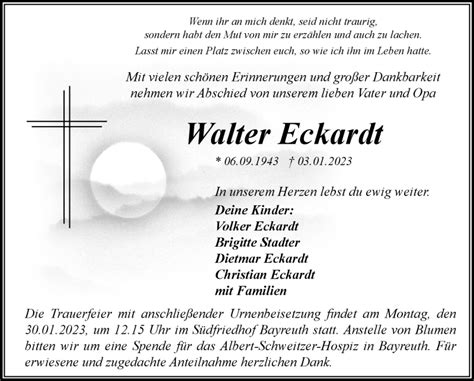 Traueranzeigen Von Walter Eckardt Nordbayerischer Kurier