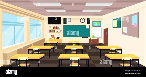 Cartoon empty classroom, high school room interior with desks and ...