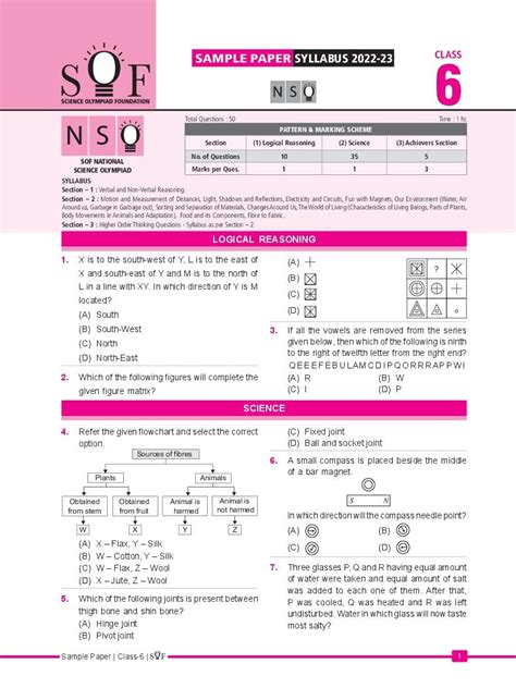 Sof Nso Sample Paper 2023 Class 6