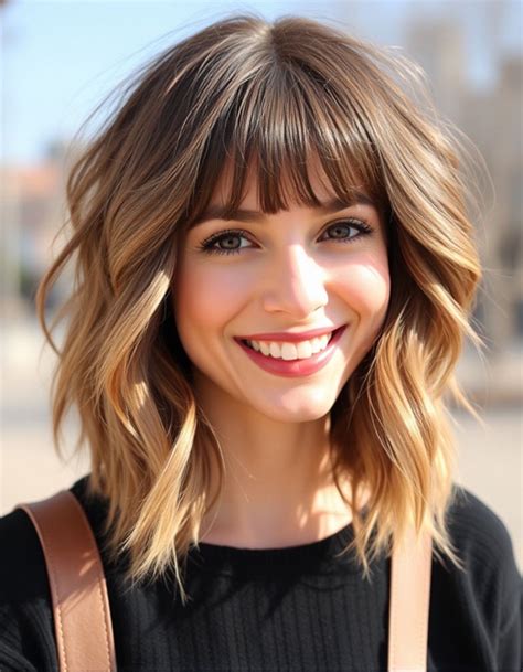 Wavy Lob Haircuts For Effortless Glamour Sunlit Waves With Full Bangs