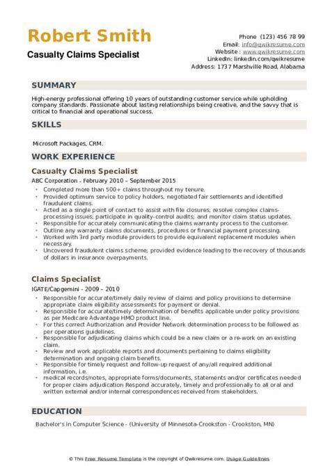 Claims Specialist Resume Samples Qwikresume