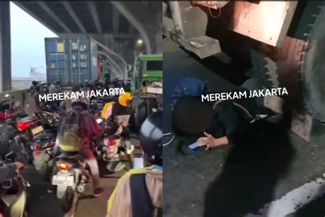 Seorang Pemotor Wanita Terjatuh Dikolong Truk Kontainer Kaki Dan Motor