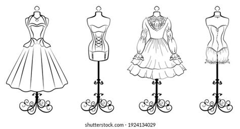 Set Retro Tailors Mannequins Vintage Dresses Stock Vector Royalty Free