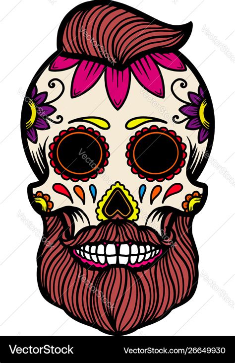 Hand Drawn Mexican Bearded Sugar Skull Isolated Vector Image