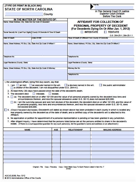 Free North Carolina Small Estate Affidavit Aoc E 203b Form Pdf Word