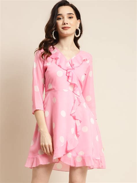 Ruffle Pink Polka Dot Short Dress Qurvii