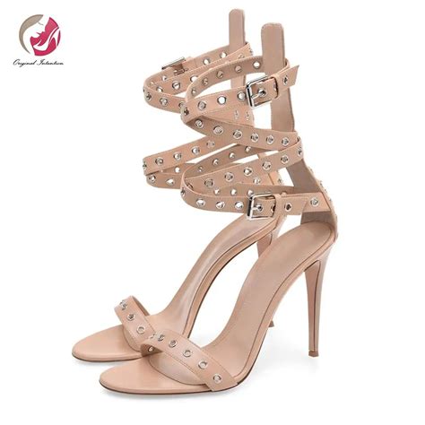 Original Intention Apricot Rivets Sandals Woman Stiletto High Heels