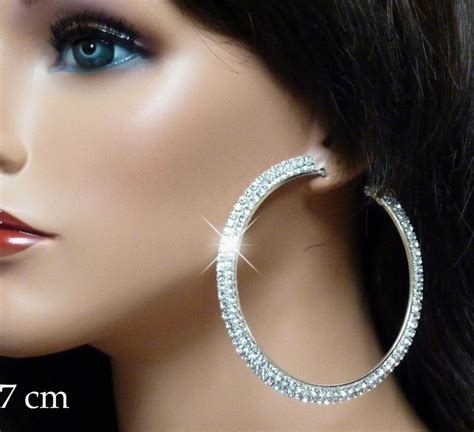 Large Cm Double Rhinestone Line Hoop Earrings Silver Plated Etsy