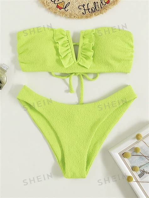 Shein Swim Textured Bikini Set Frill Trim V Wired Bandeau Top Bikini