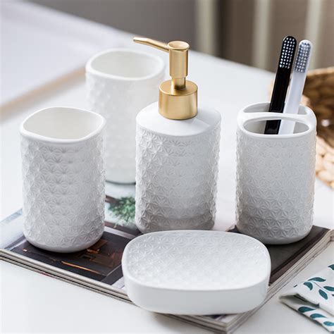 Matte White 5 Pcs Ceramic Bathroom Accessory Set Bath And Toothbrush