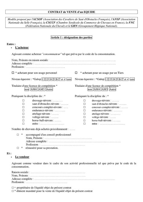 Contrat de vente d un équidé DOC PDF page 1 sur 4