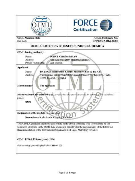 Oiml Certificate Of Conf Bx30 Pdf Electrical Engineering Computer