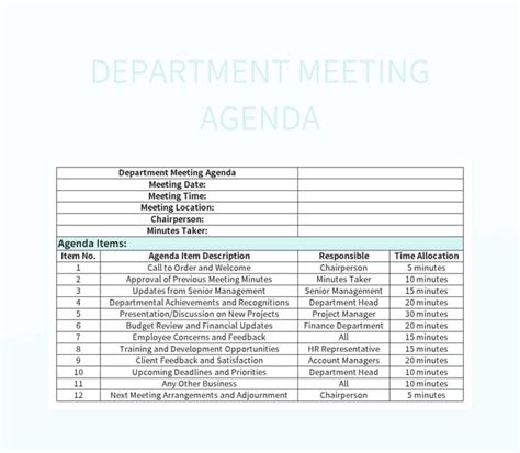 Department Meeting Agenda Excel Template And Google Sheets File For