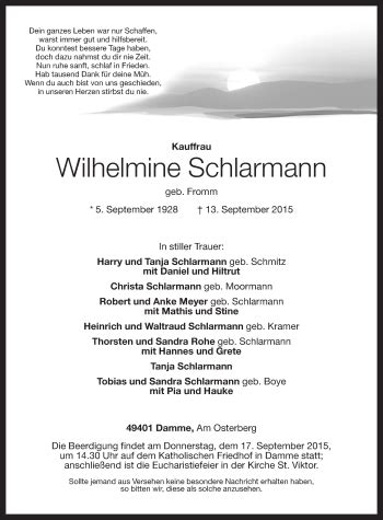 Traueranzeigen Von Wilhelmine Schlarmann Om Trauer De