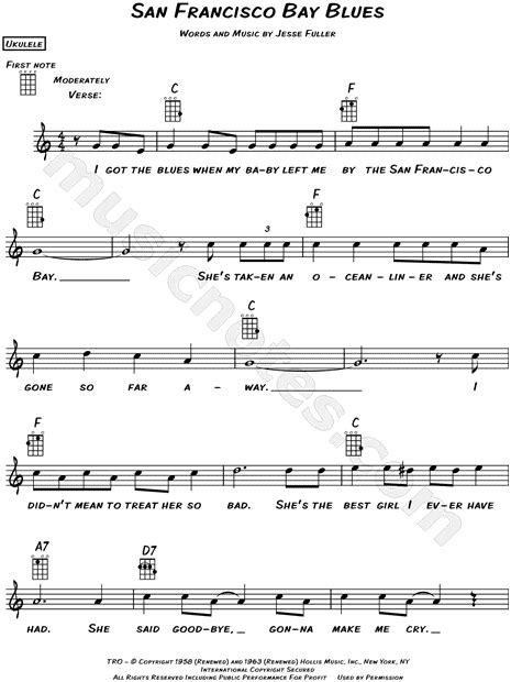 Eric Clapton San Francisco Bay Blues Sheet Music Leadsheet In C