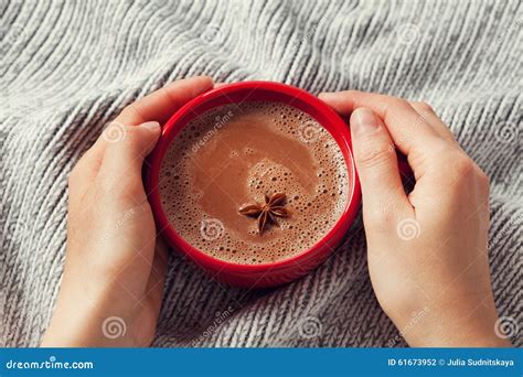 Womans Hands Holding A Cup Of Hot Cocoa Or Hot Chocolate On Knitted Background Traditional