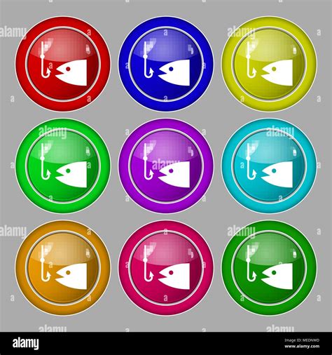 Fishing Icon Sign Symbol On Nine Round Colourful Buttons Vector