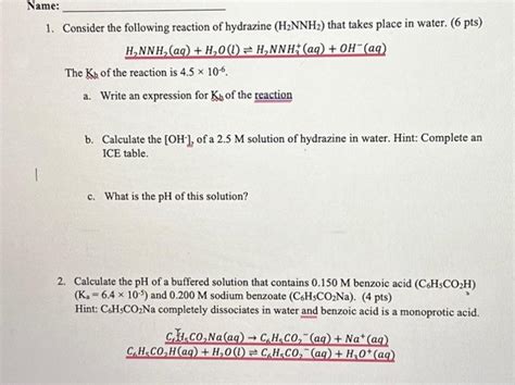 Solved Consider The Following Reaction Of Hydrazine Chegg