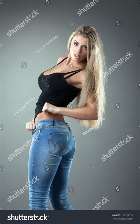 Portrait Slim Blonde Posing On Gray Stock Photo Shutterstock
