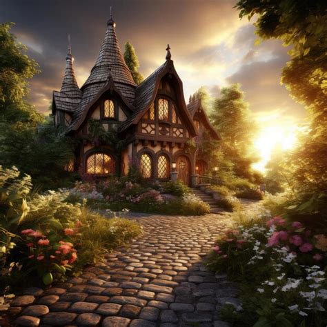 Premium AI Image | Photorealistic fairytale house in a garden at sunset