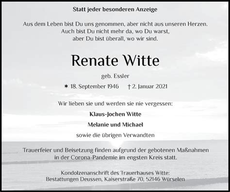 Traueranzeigen Von Renate Witte Aachen Gedenkt