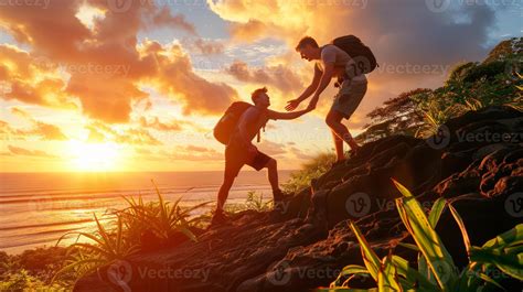 Two Male Friends Helping Each Other To Climb Up Mountain Cliff At