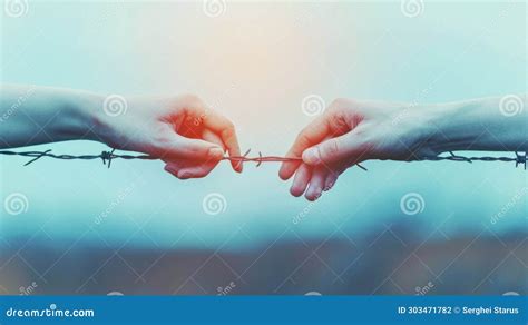 Two Hands Holding Each Other S Hand Through A Barbed Wire Fence Ai