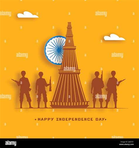 Happy Independence Day Poster Design With Ashoka Wheel Clouds Qutub Minar Monument And