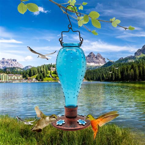 Hanging Hummingbird Feeder Hand Blown Glass Bird Feeder 22 Oz Garden Backyard Decorationblue