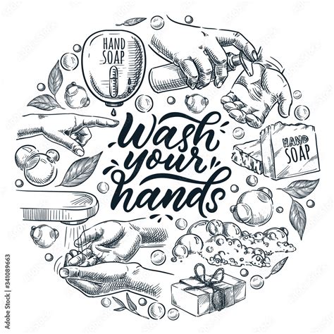 Wash Your Hands Calligraphy Lettering Vector Sketch Illustration Of