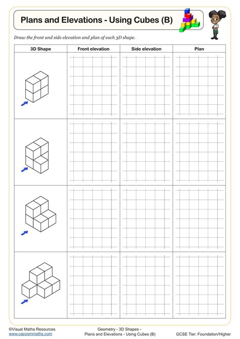 Plan and Elevations - Using Cubes (B) Worksheet | Printable PDF Year 10 ...