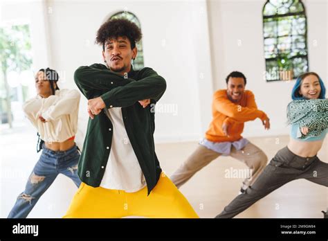 Image Of Diverse Female And Male Hip Hop Dancers During Training In