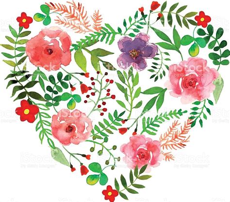 Floral Heart With Isolated Flowers Herbs And Leaves Drawn Watercolor