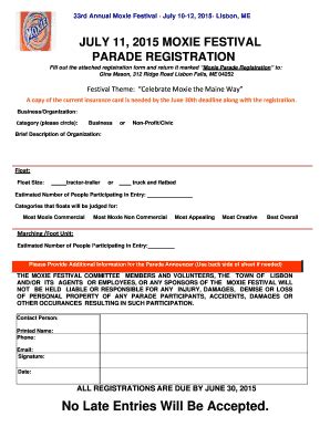 Fillable Online 33rd Annual Moxie Festival Parade Registration Form Fax