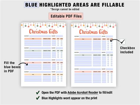 Christmas Gift List Printable Fillable Editable Pdf Etsy Uk