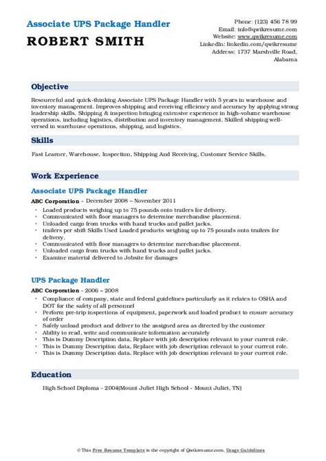 Ups Package Handler Job Description Resume