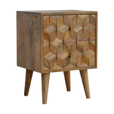 Solid Mango Wood Oak Finished Cube Carved 2 Drawer Bedside Mango Wood Furniture