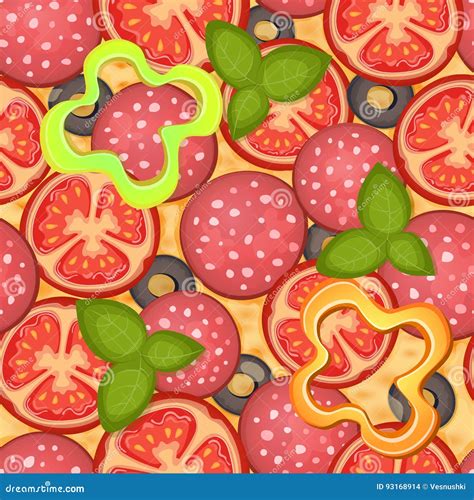 Background Seamless Pattern Pepperoni Pizza With Tomato And Salami