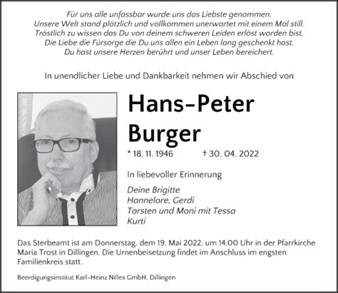 Traueranzeigen Von Hans Peter Burger Saarbruecker Zeitung Trauer De