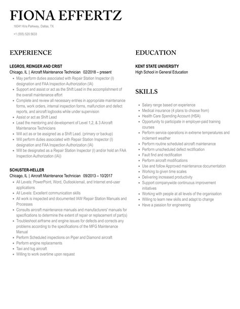 Aircraft Maintenance Technician Resume Samples | Velvet Jobs