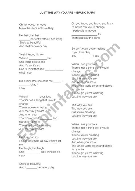 JUST THE WAY YOU ARE ESL Worksheet By Lezamarioli