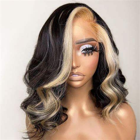 Beverly - Black Bob Cut Wig With Blonde Skunk Stripe -West Kiss Hair