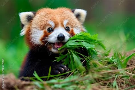 Adorable panda rojo comiendo bambu foto de Stock | Adobe Stock