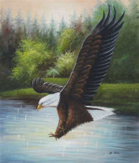 American Bald Eagle Strike Water Oil Painting Animal Naturalism 24 x 20 ...