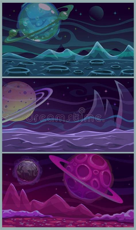 Conjunto De Tres Paisajes Espaciales Coloridos Escena Del Planeta Extraterrestre Vectorial